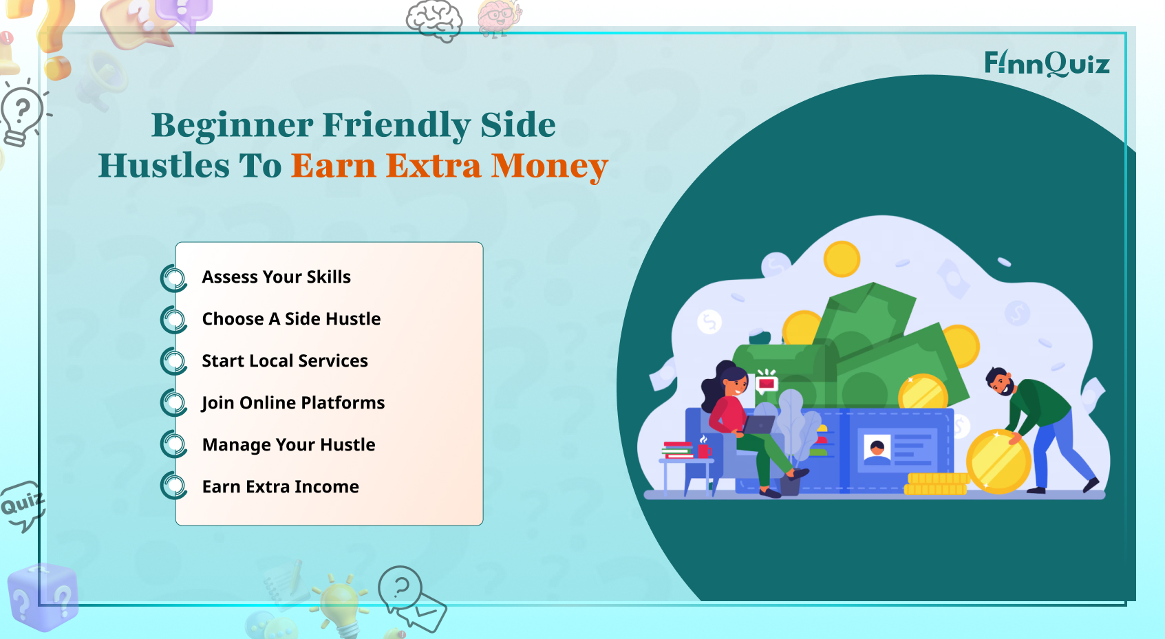 Illustration of beginner side hustles including freelancing, online selling, tutoring, and content creation