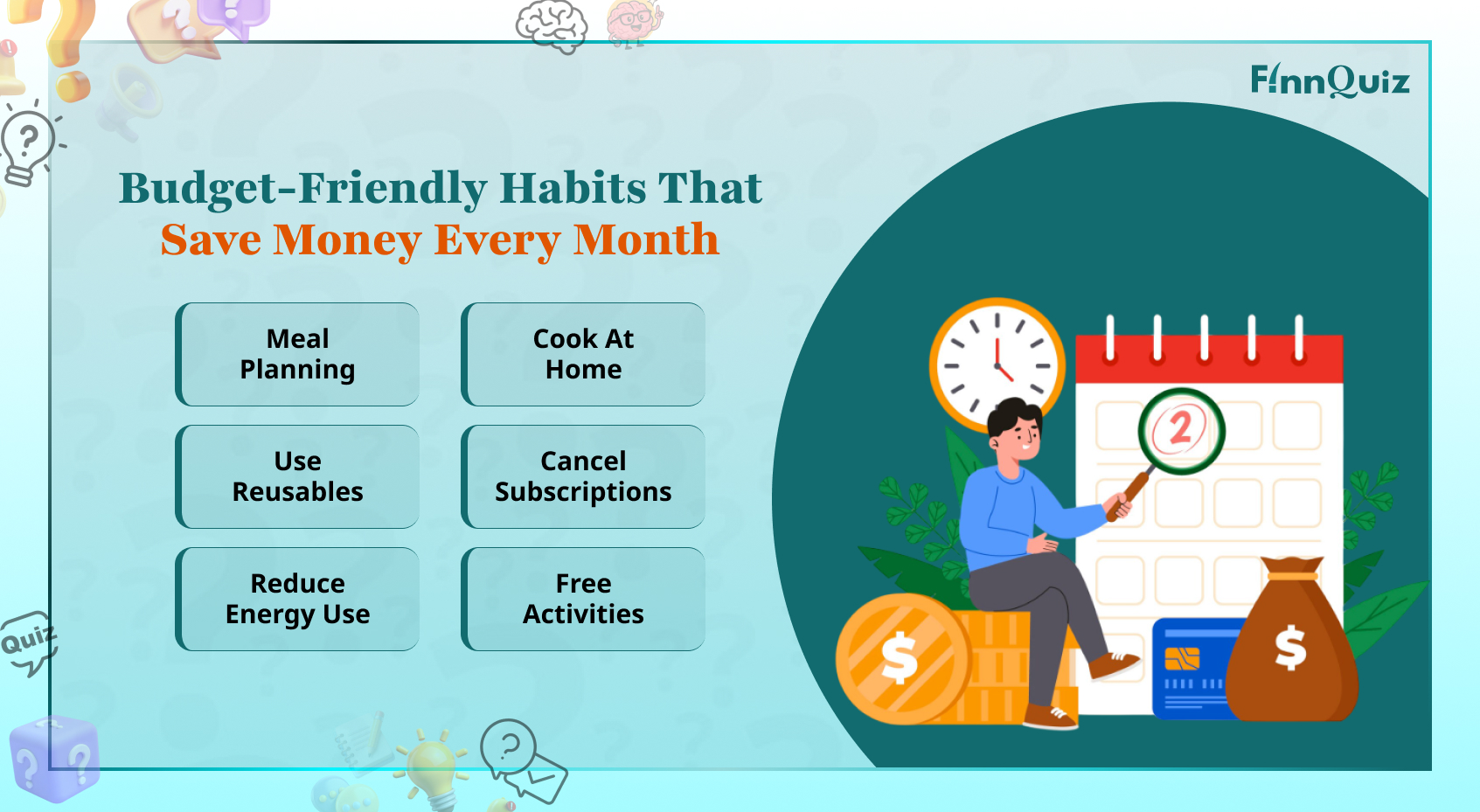 Illustration of budget-friendly habits like saving money, tracking expenses, and smart shopping