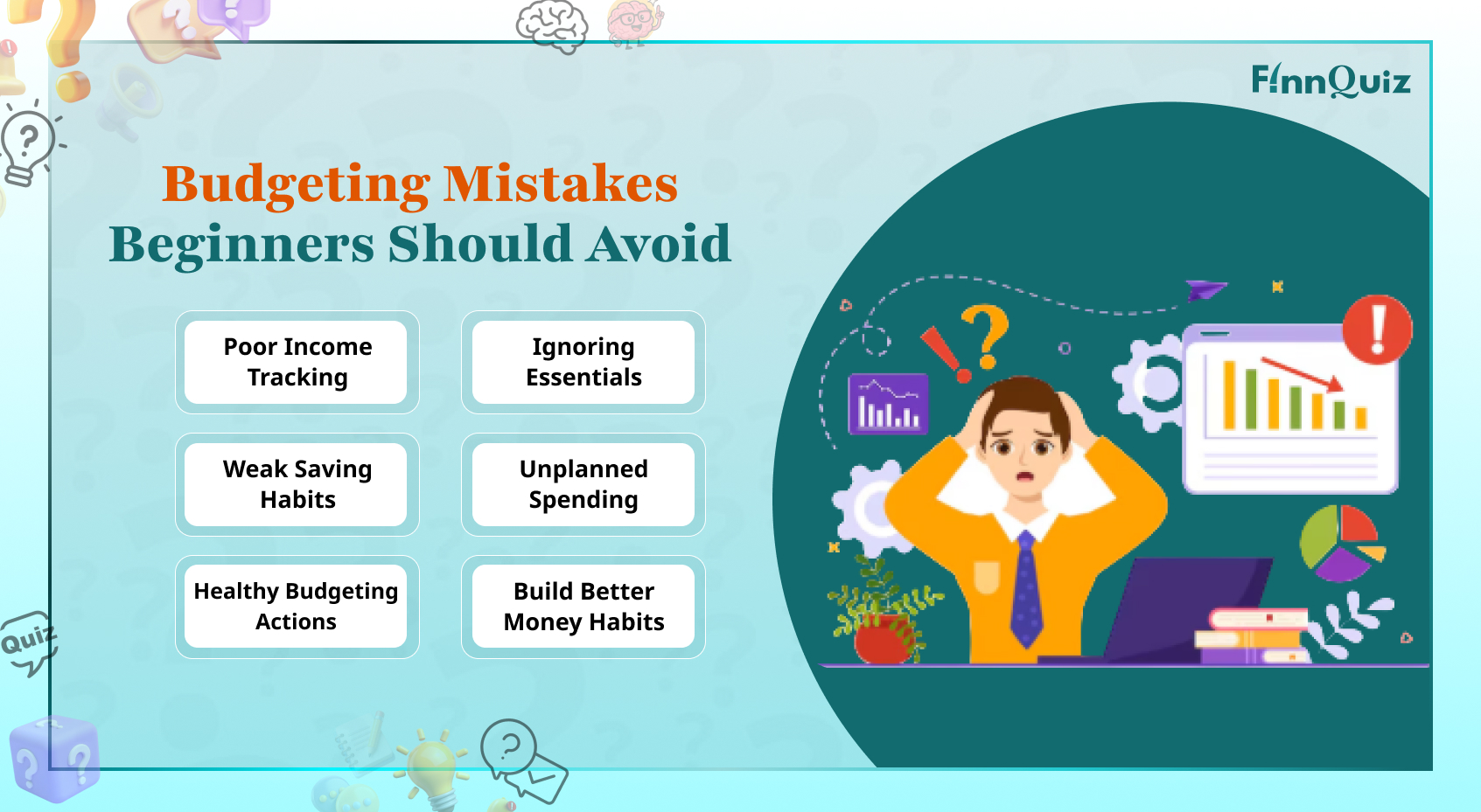 Illustration showing common budgeting mistakes with expenses, savings, bills, and financial planning