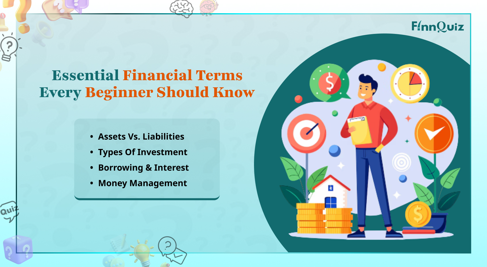 Illustration explaining common financial terms such as income, expenses, budgeting, savings, investments, credit score, and interest