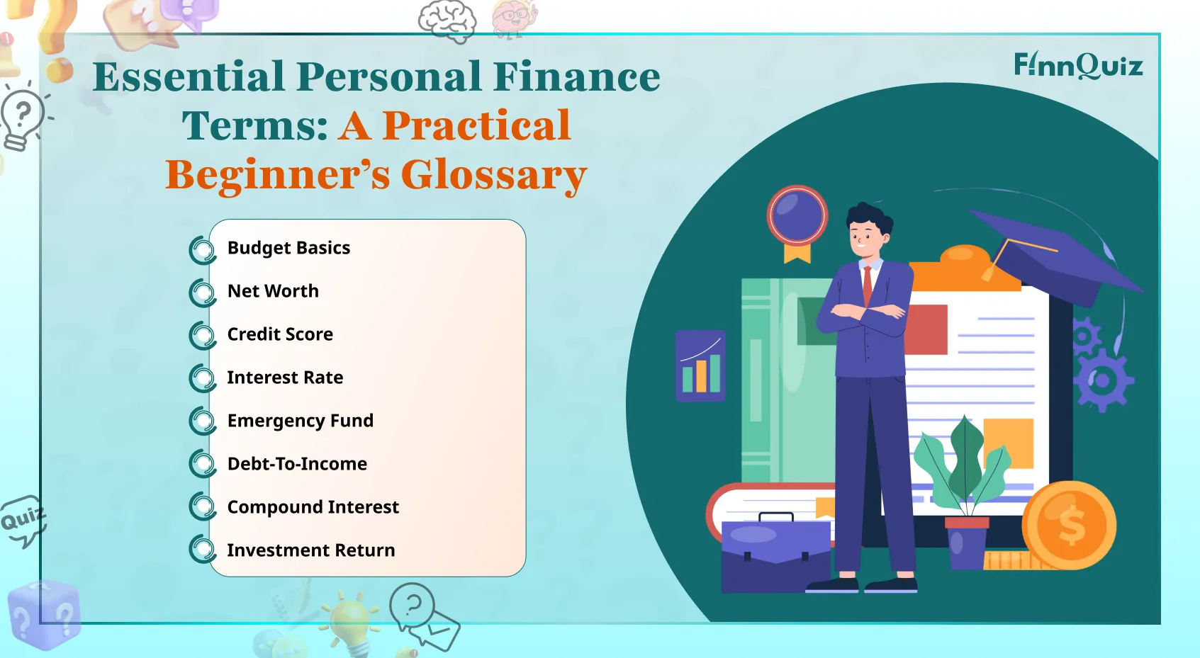 Illustration of a glossary book with key financial terms and icons