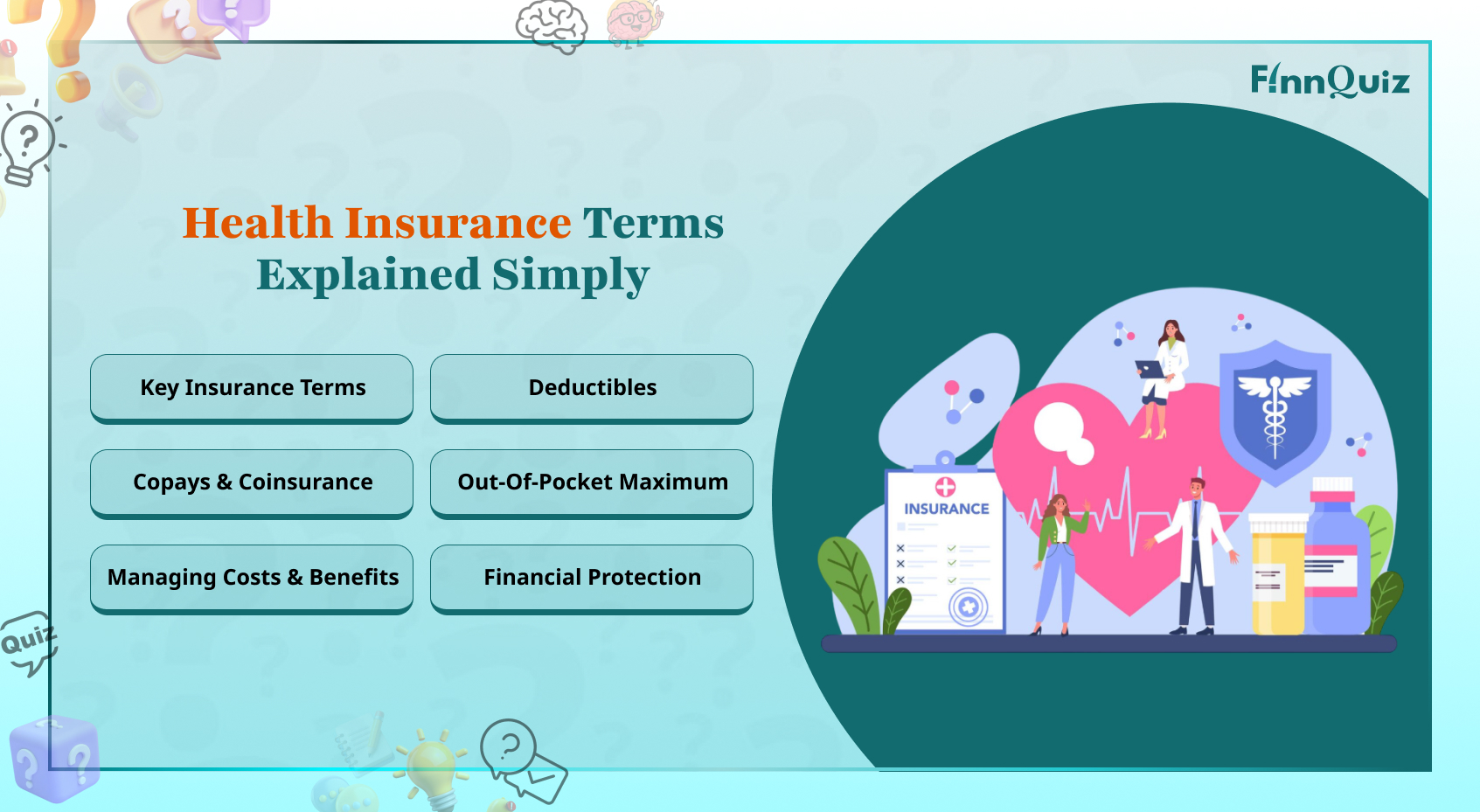 Illustration explaining common health insurance terms with medical and financial icons