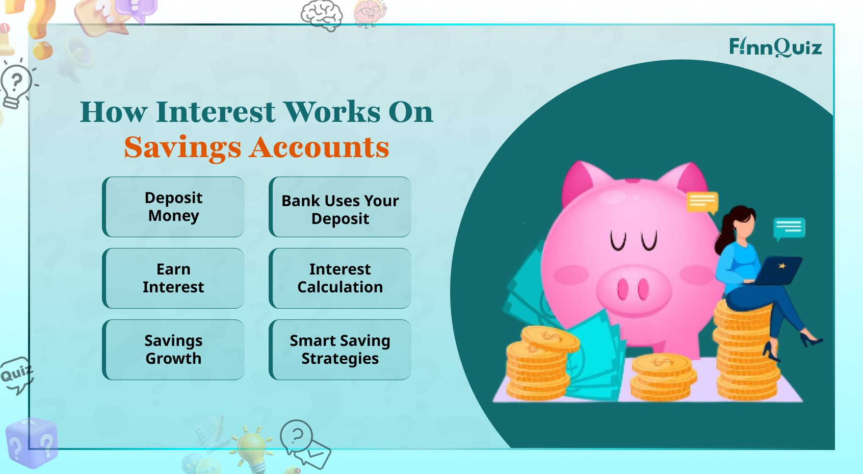 Illustration showing savings account interest growth with bank deposits, percentage rates, and compound interest