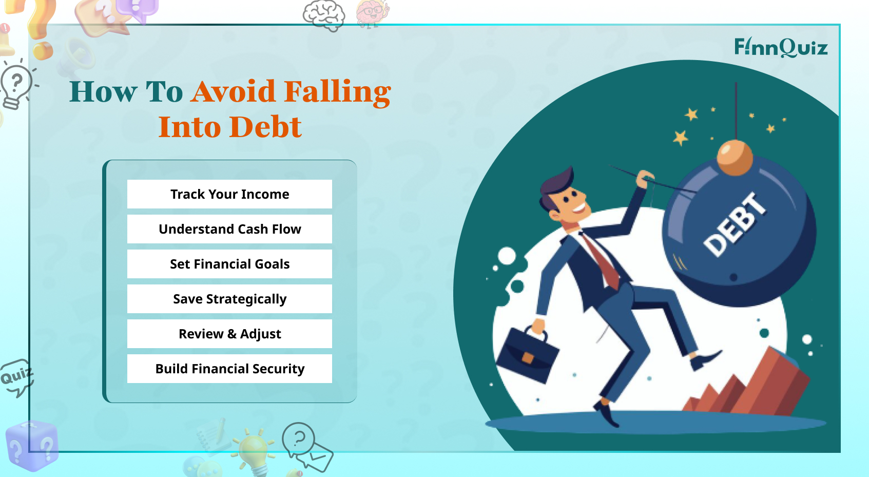 Illustration showing smart money management, budgeting, saving, and avoiding unnecessary debt