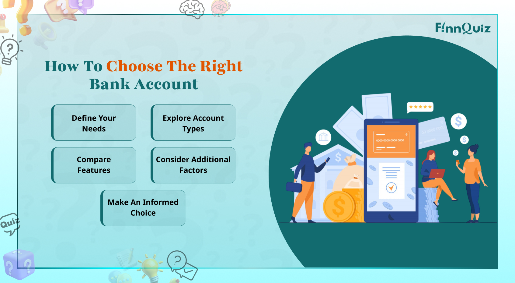Illustration comparing different bank account options, banking services, and financial management