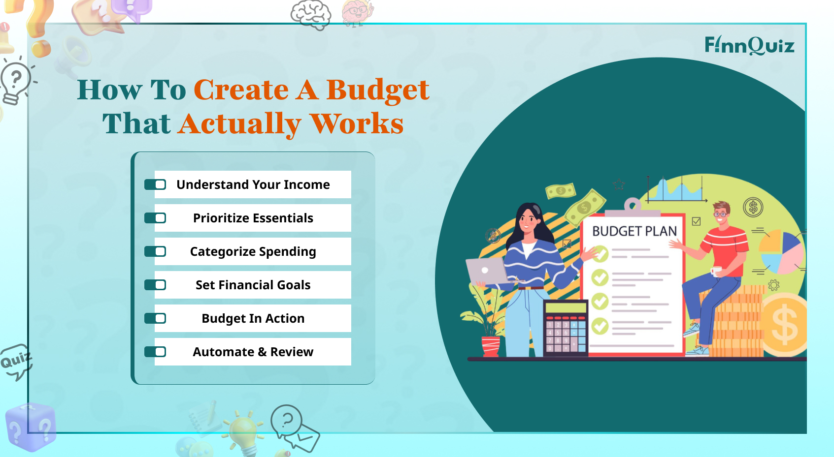 Illustration of a person creating a realistic monthly budget with income, expenses, savings, and financial goals