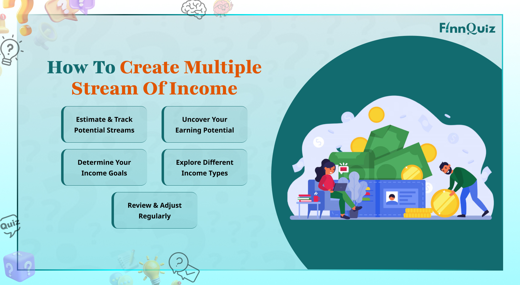 Illustration showing multiple income sources including salary, freelancing, investments, rental income, and online business