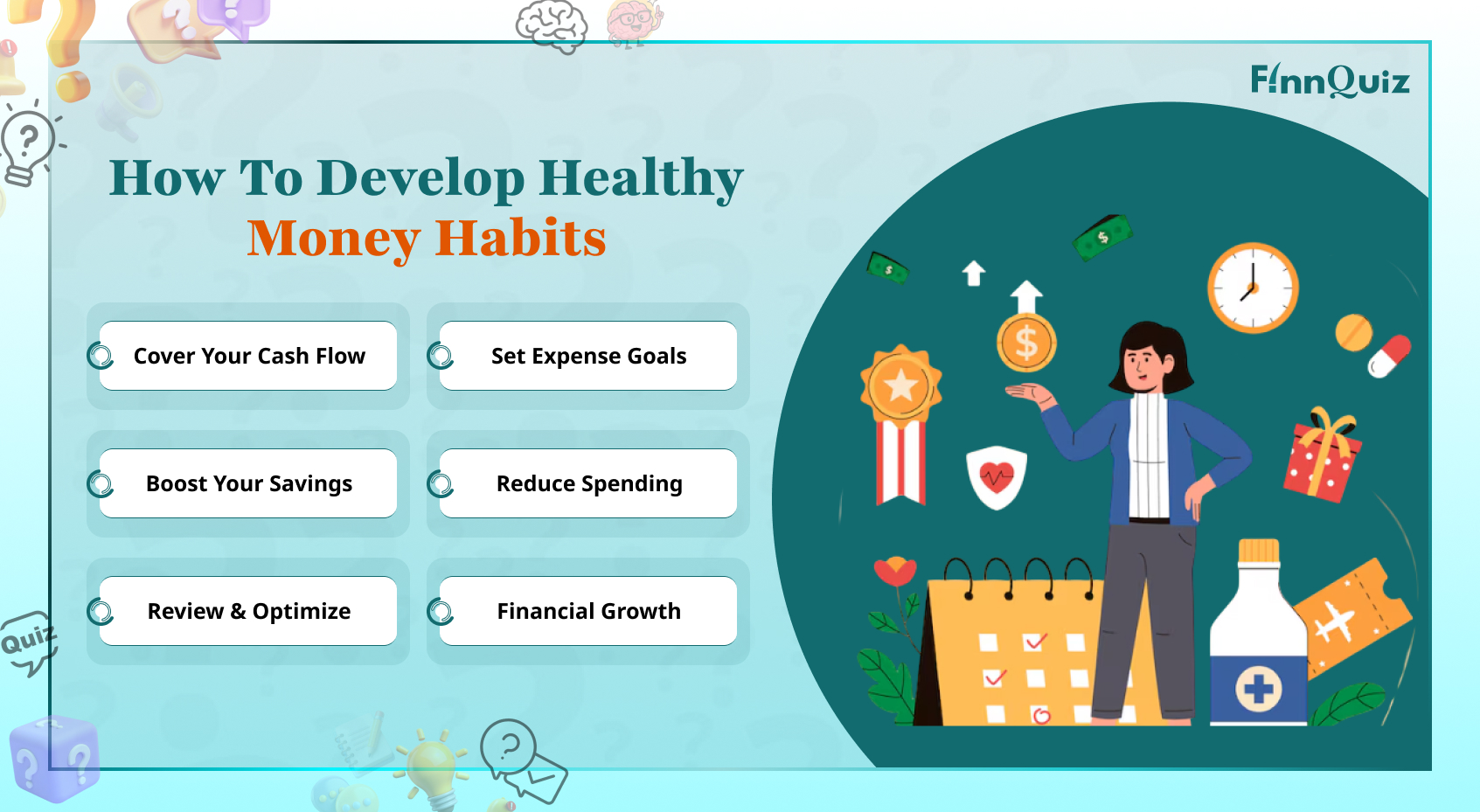 Illustration of healthy money habits including budgeting, saving, tracking expenses, and smart financial planning