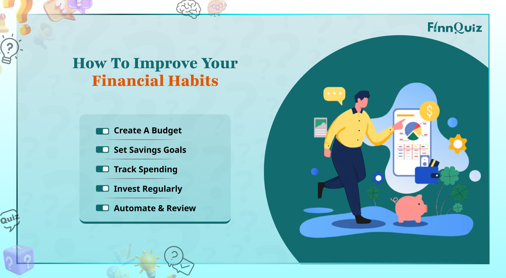 Illustration showing healthy financial habits such as budgeting, saving, tracking expenses, and investing