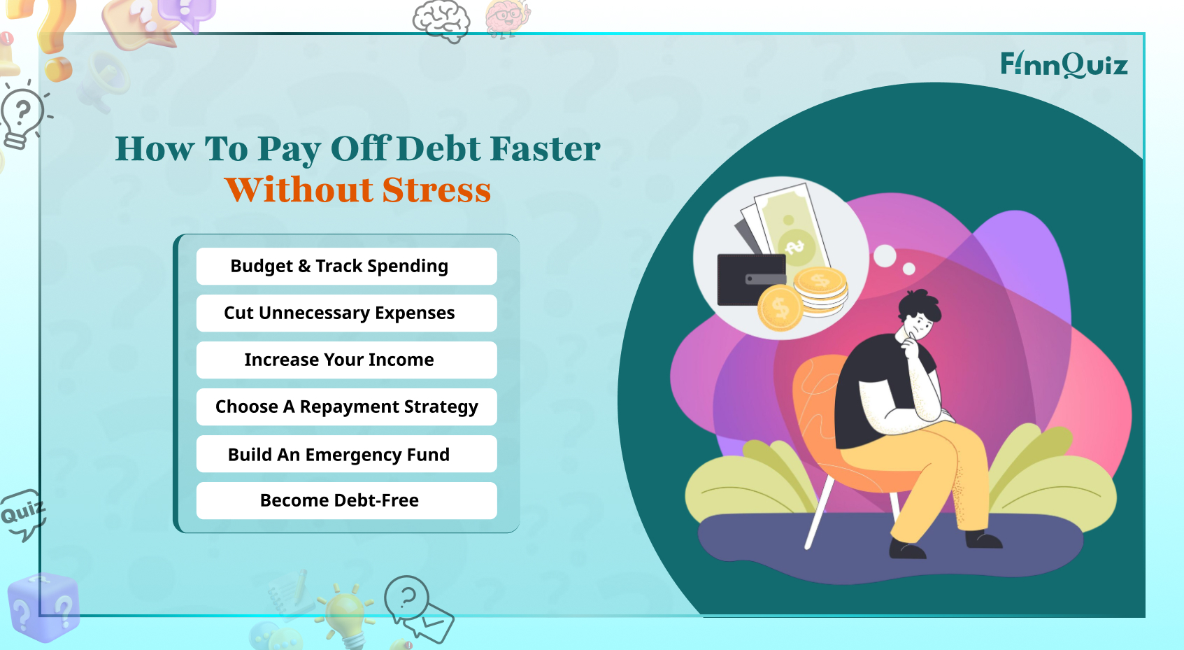 Illustration showing debt repayment with bills, payment tracker, budgeting, and financial progress