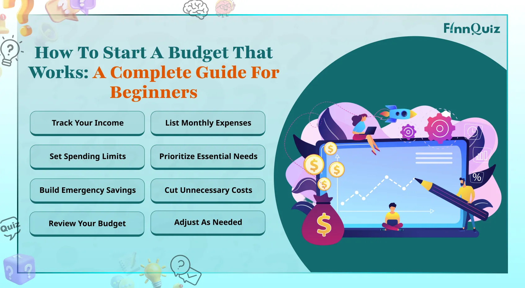 Person organizing monthly income and expenses with a notebook, calculator, and savings jar