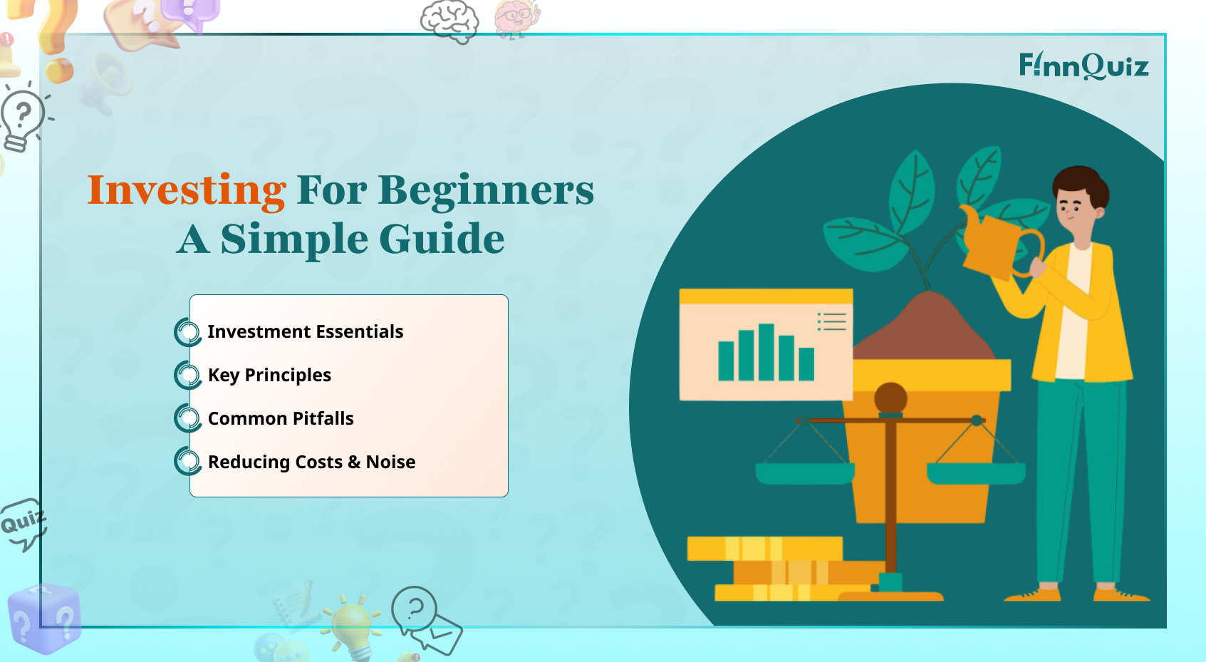 Illustration showing beginner investing with stocks, mutual funds, savings growth, and financial planning