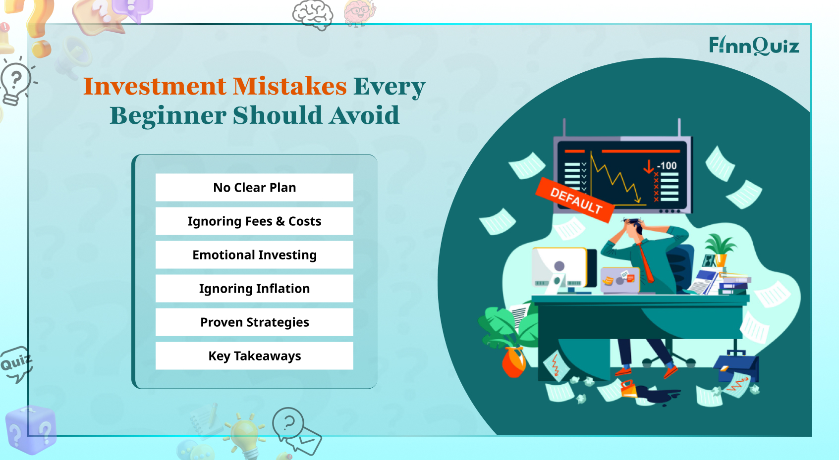 Illustration showing common beginner investment mistakes such as emotional investing, lack of diversification, and poor financial planning