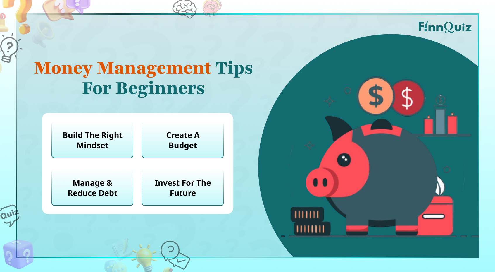 Illustration of beginner money management with budgeting, saving, expense tracking, and financial planning