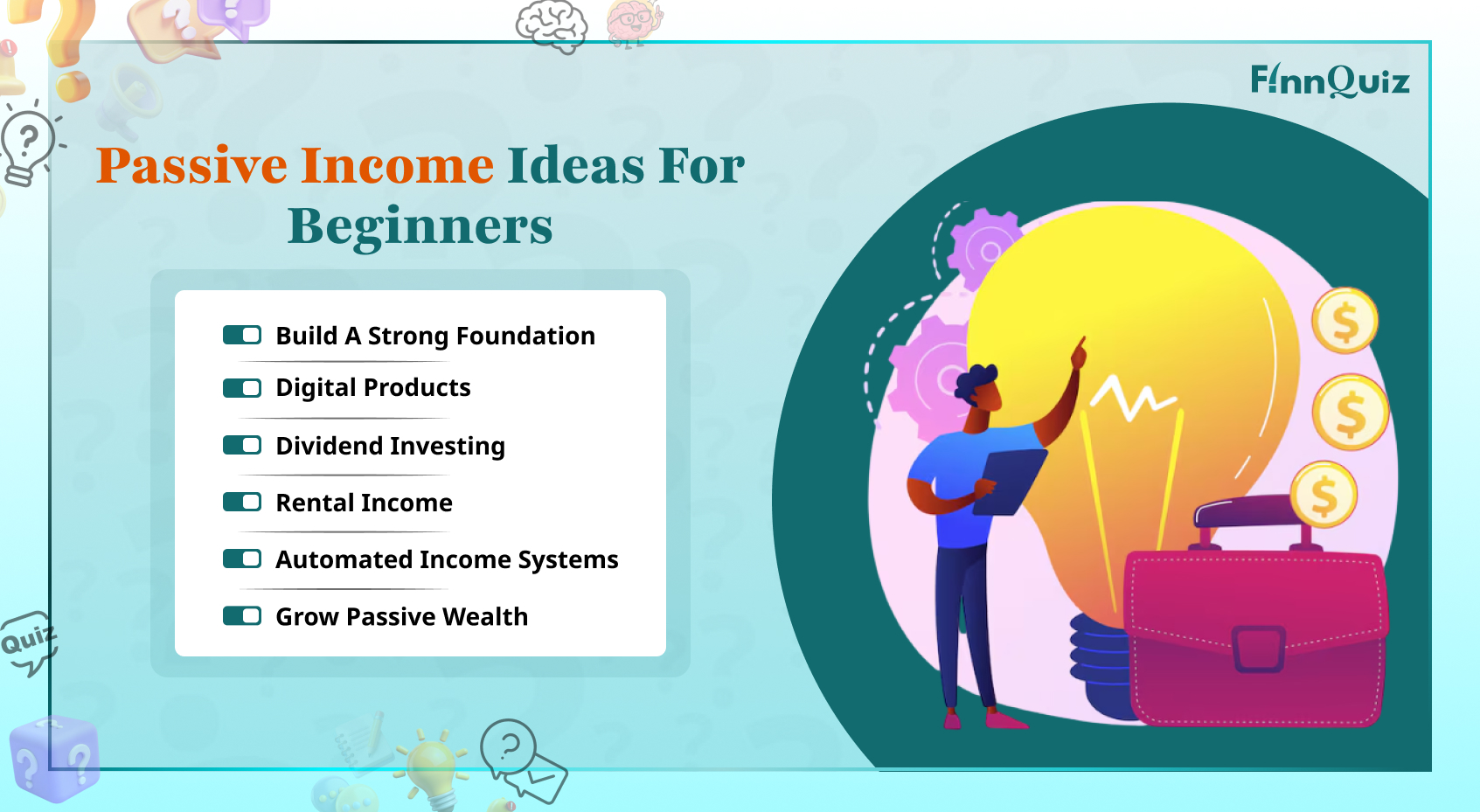 Illustration showing passive income sources such as investments, rental property, digital products, and online businesses