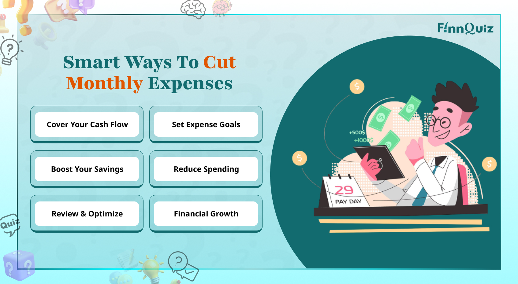 Illustration showing monthly expense reduction with budgeting, bills, groceries, subscriptions, and savings