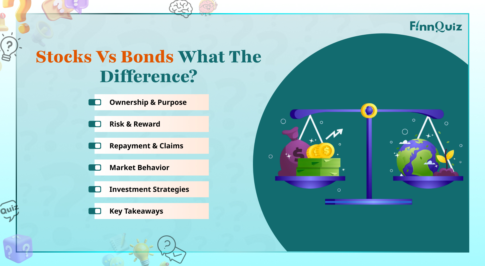 Illustration comparing stocks and bonds with investment charts, company shares, and fixed-income securities