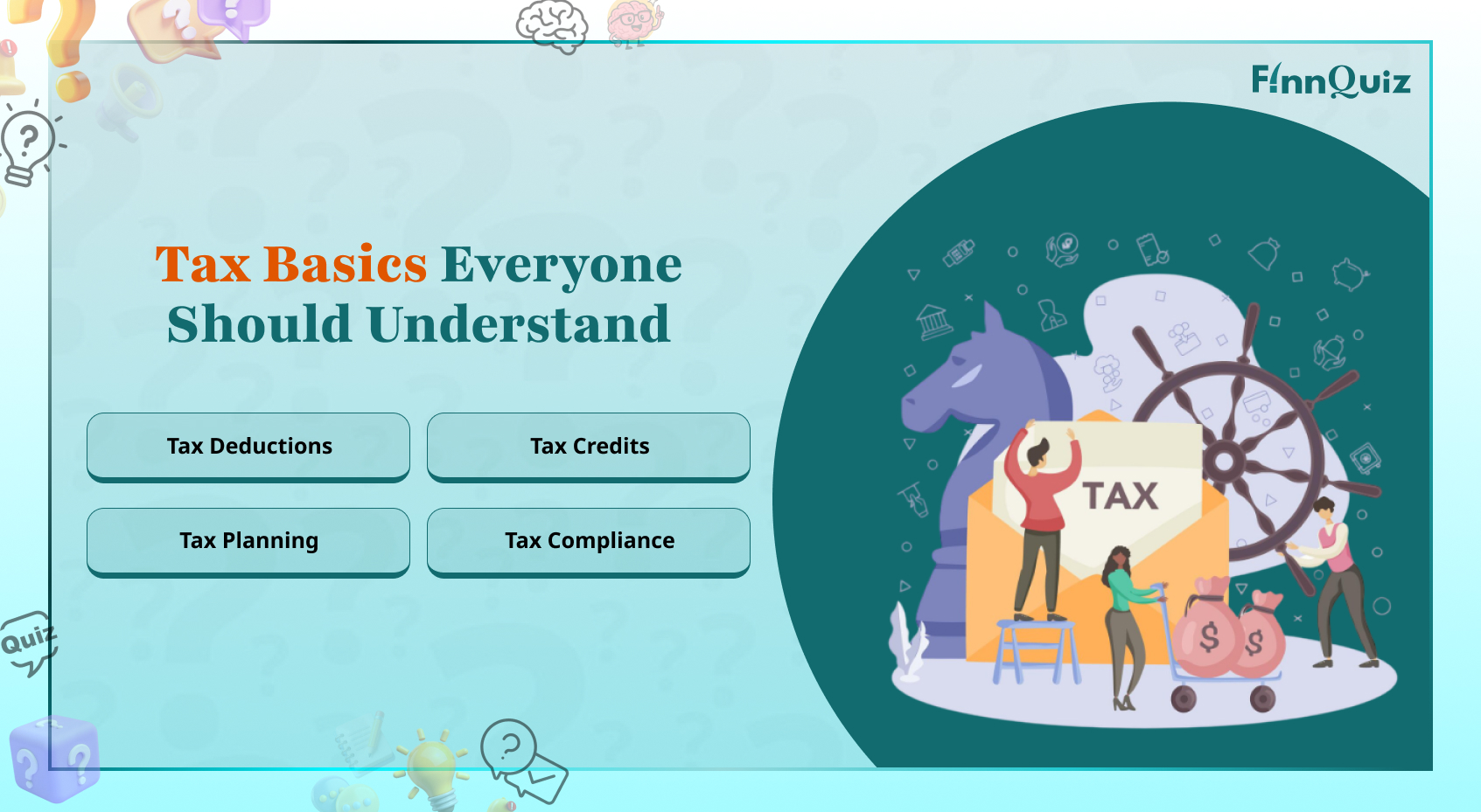 Illustration explaining tax basics with income, receipts, and financial documents