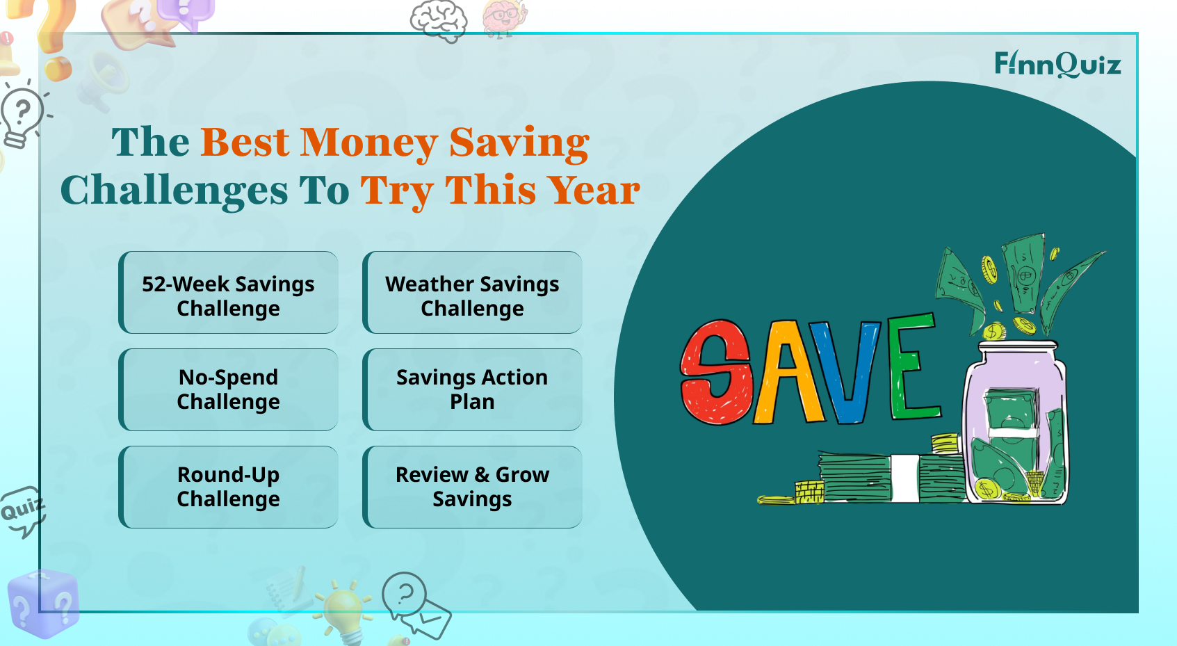 Illustration of popular money-saving challenges with a savings jar, calendar, piggy bank, and growing coins