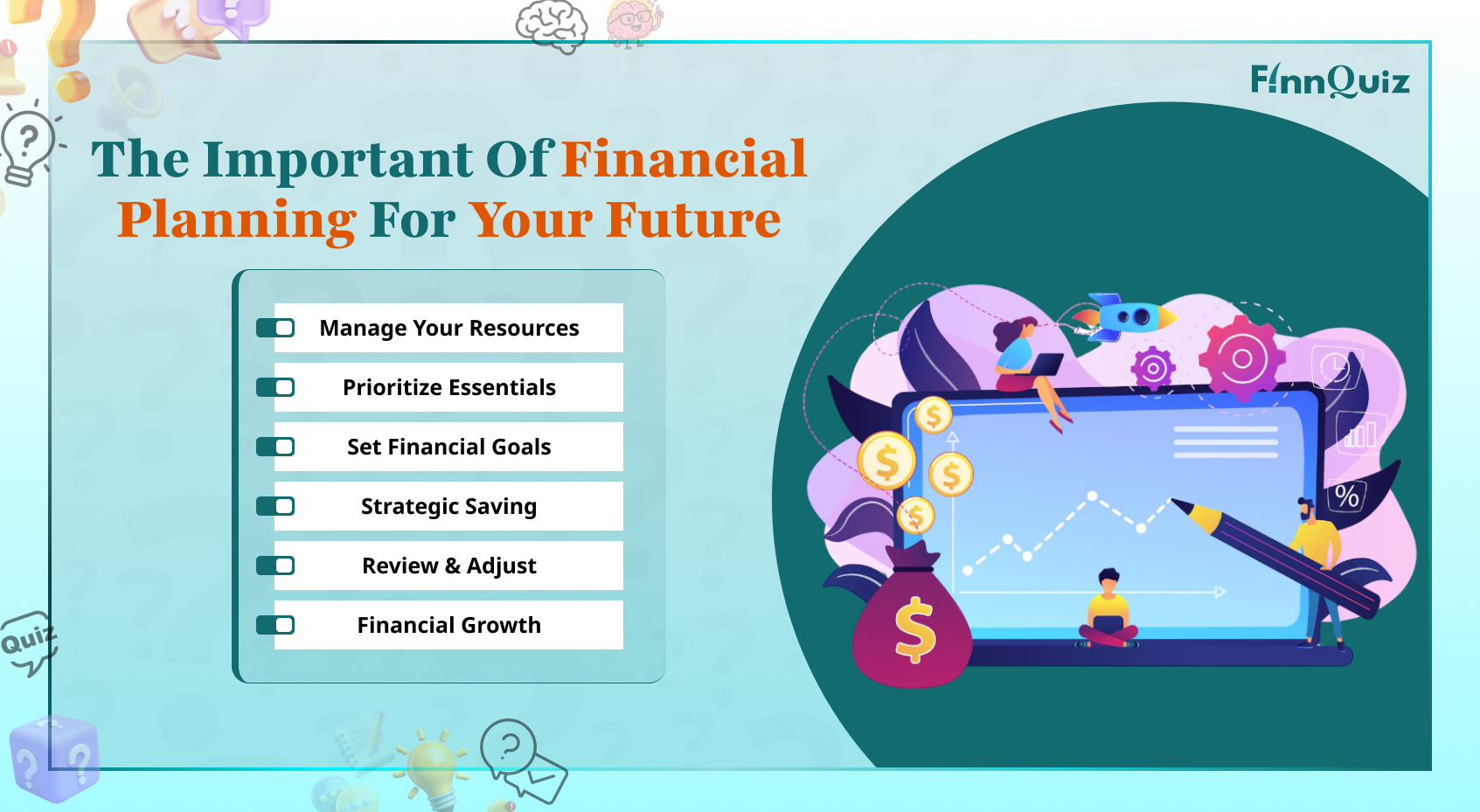 Illustration showing financial planning with budgeting, savings, investing, insurance, and retirement goals