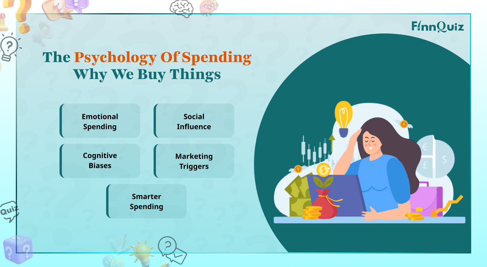 Illustration showing emotional spending, shopping decisions, marketing influences, and mindful money management