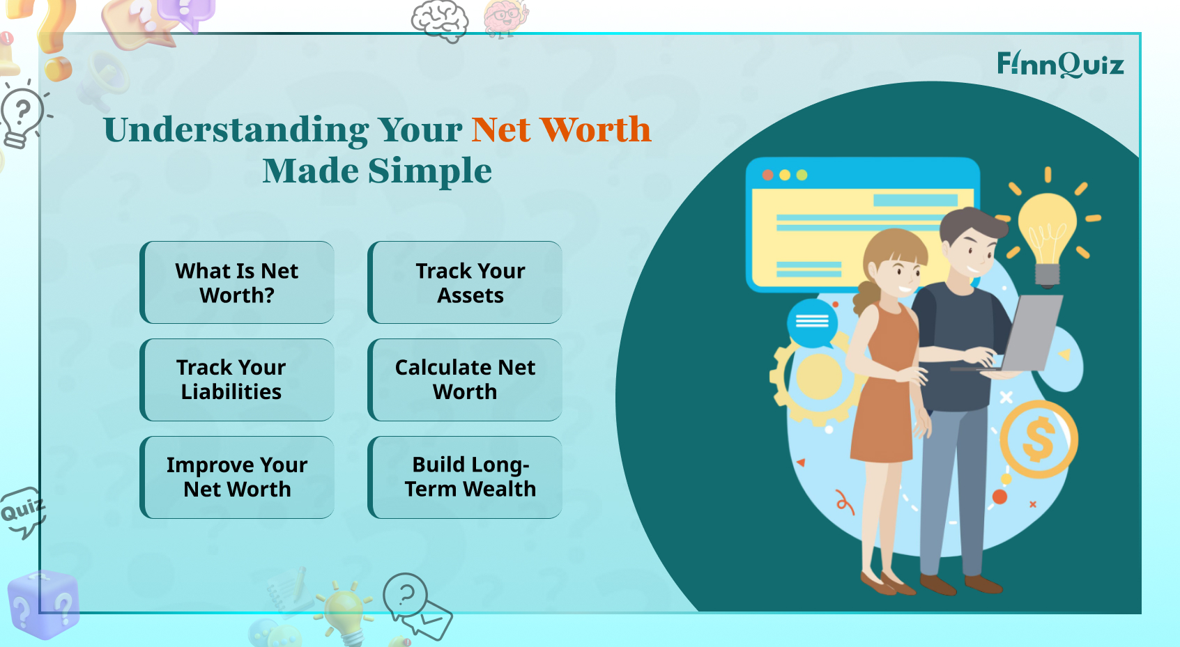 Illustration showing assets, liabilities, calculator, and financial statements used to calculate net worth