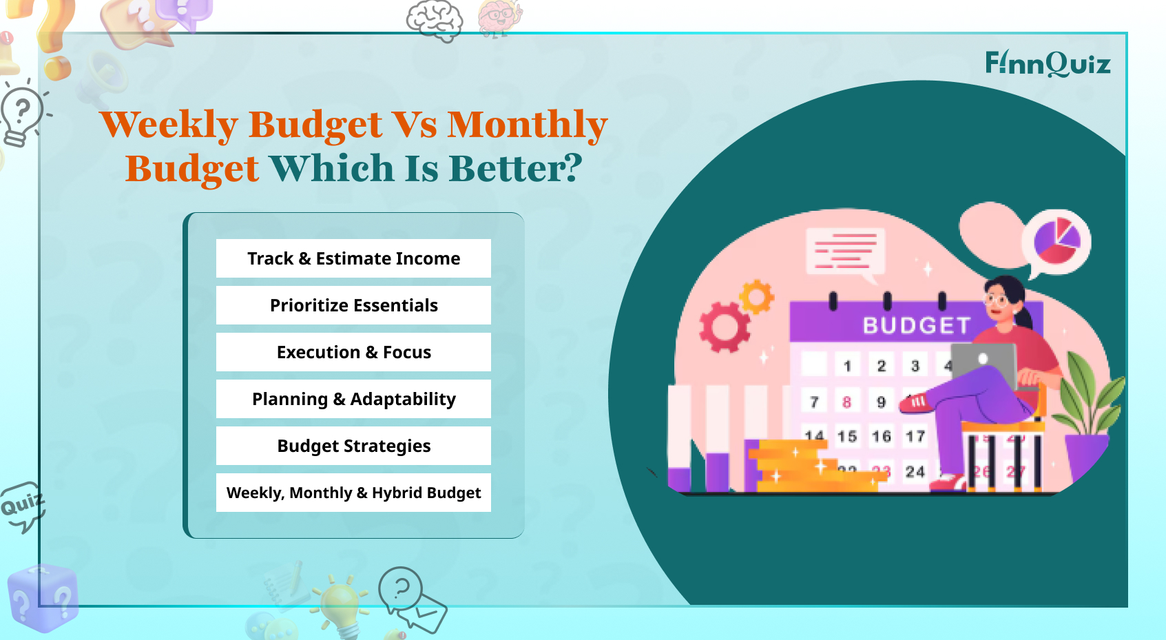Illustration comparing weekly and monthly budgeting methods with calendars, expenses, and savings