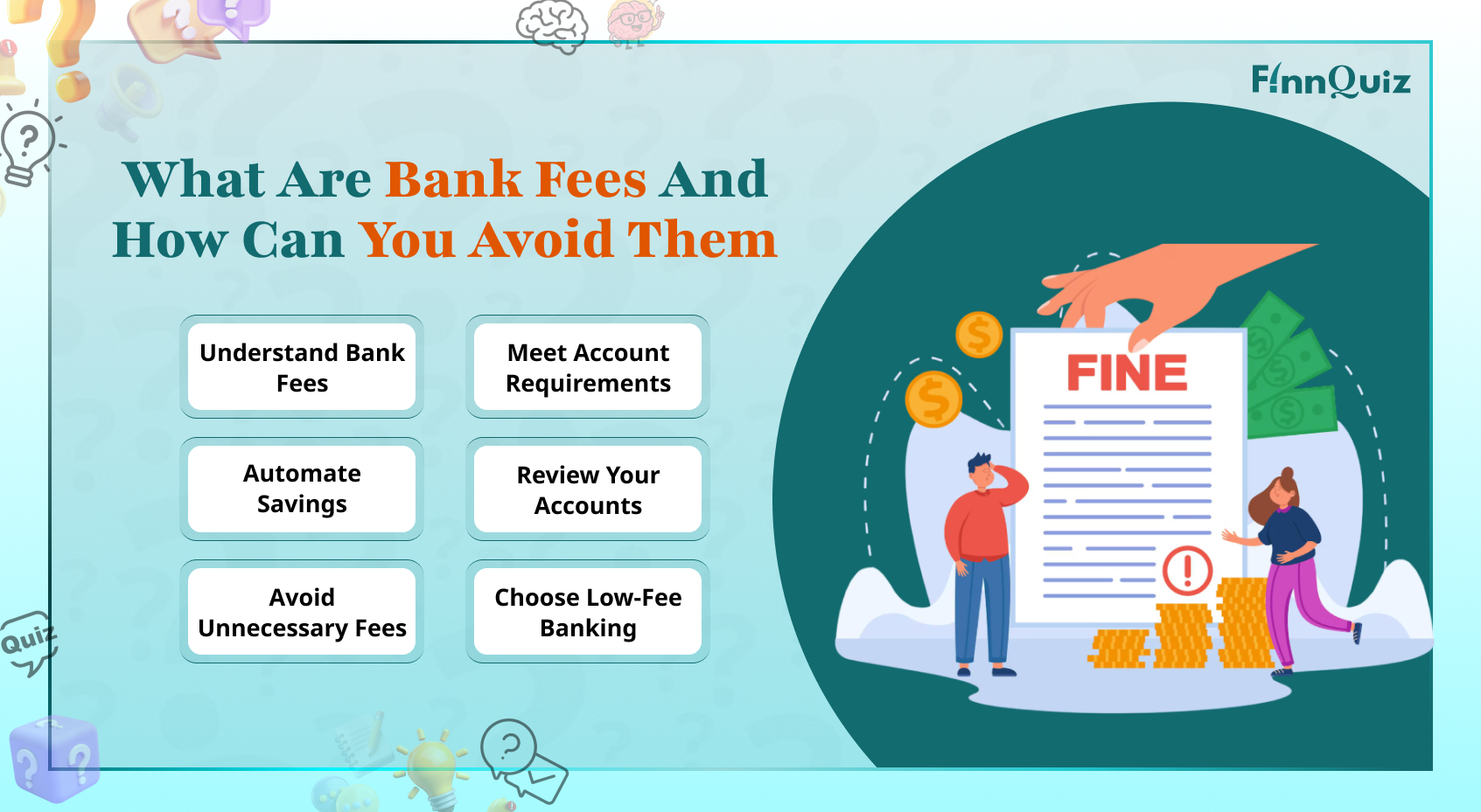 Illustration showing common bank fees including ATM charges, maintenance fees, overdraft fees, and ways to avoid them
