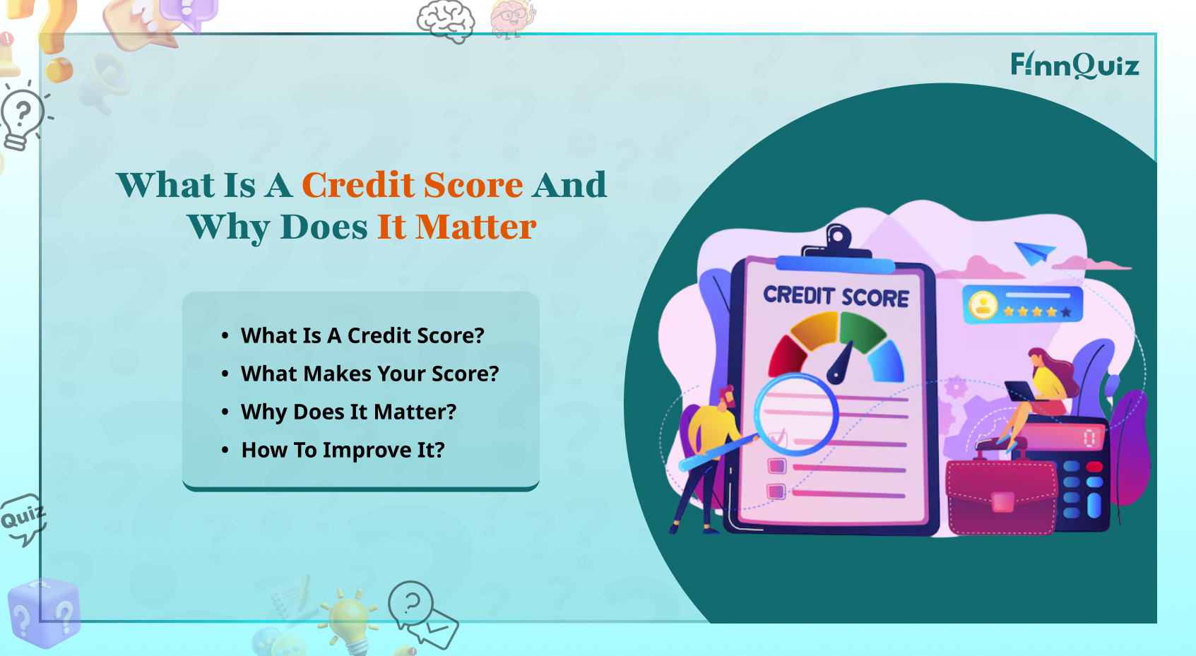 Illustration explaining credit scores, payment history, responsible borrowing, and financial health