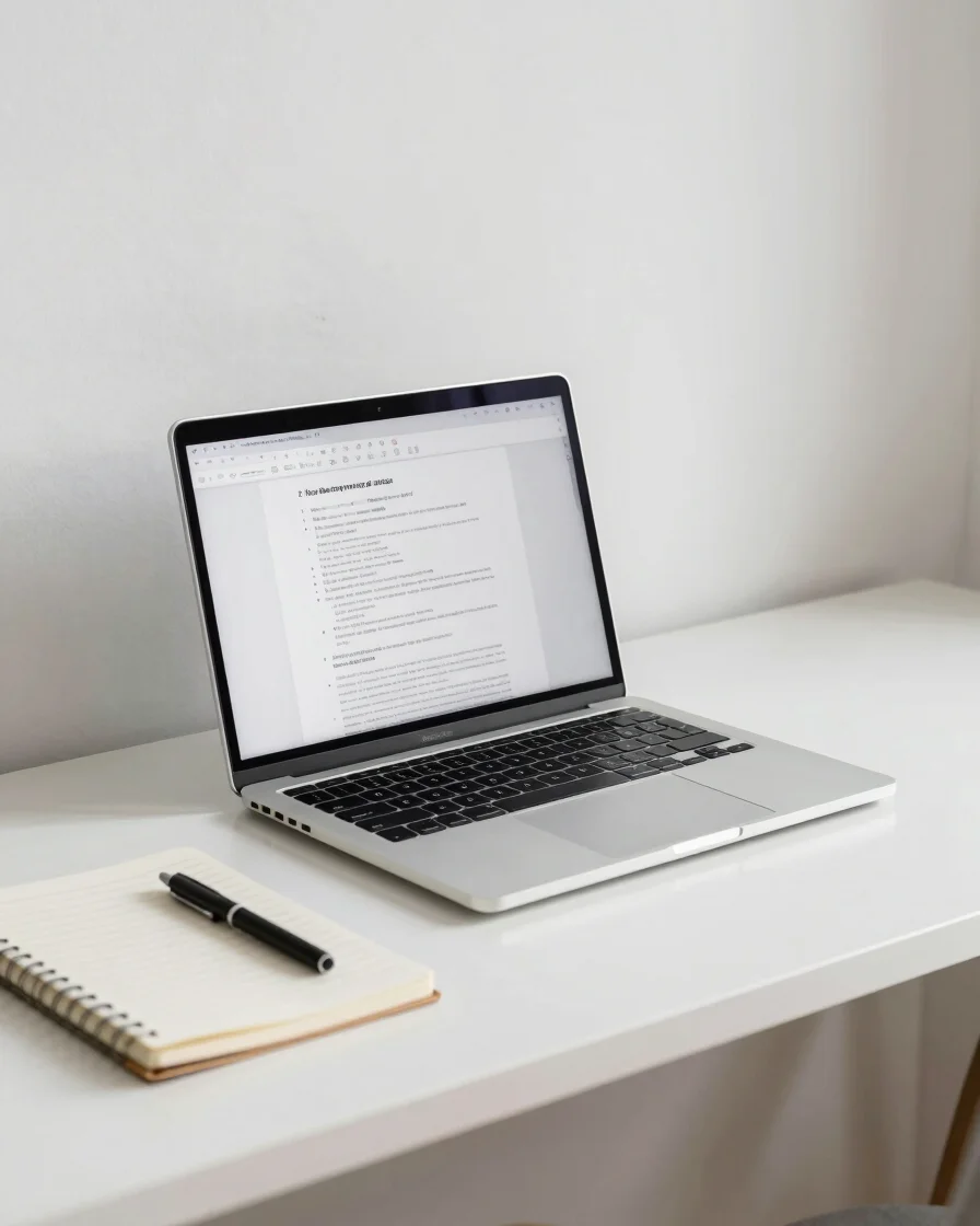 Bright modern study desk with an open laptop showing clean document outlines beside a neatly placed notebook and pen in